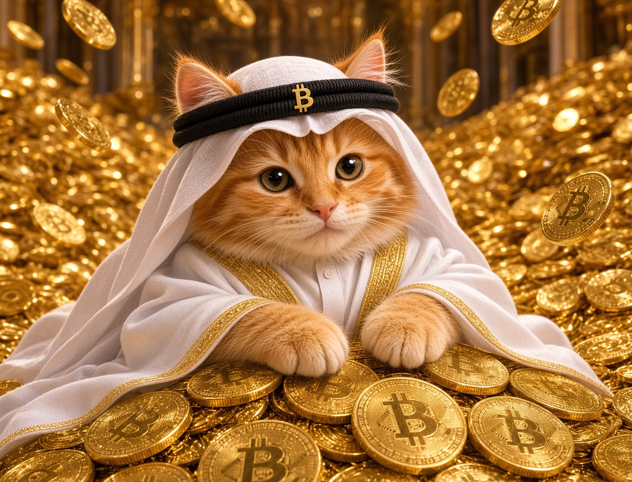 Buy The Cat meme — sheikh cat resting on a mountain of Bitcoin