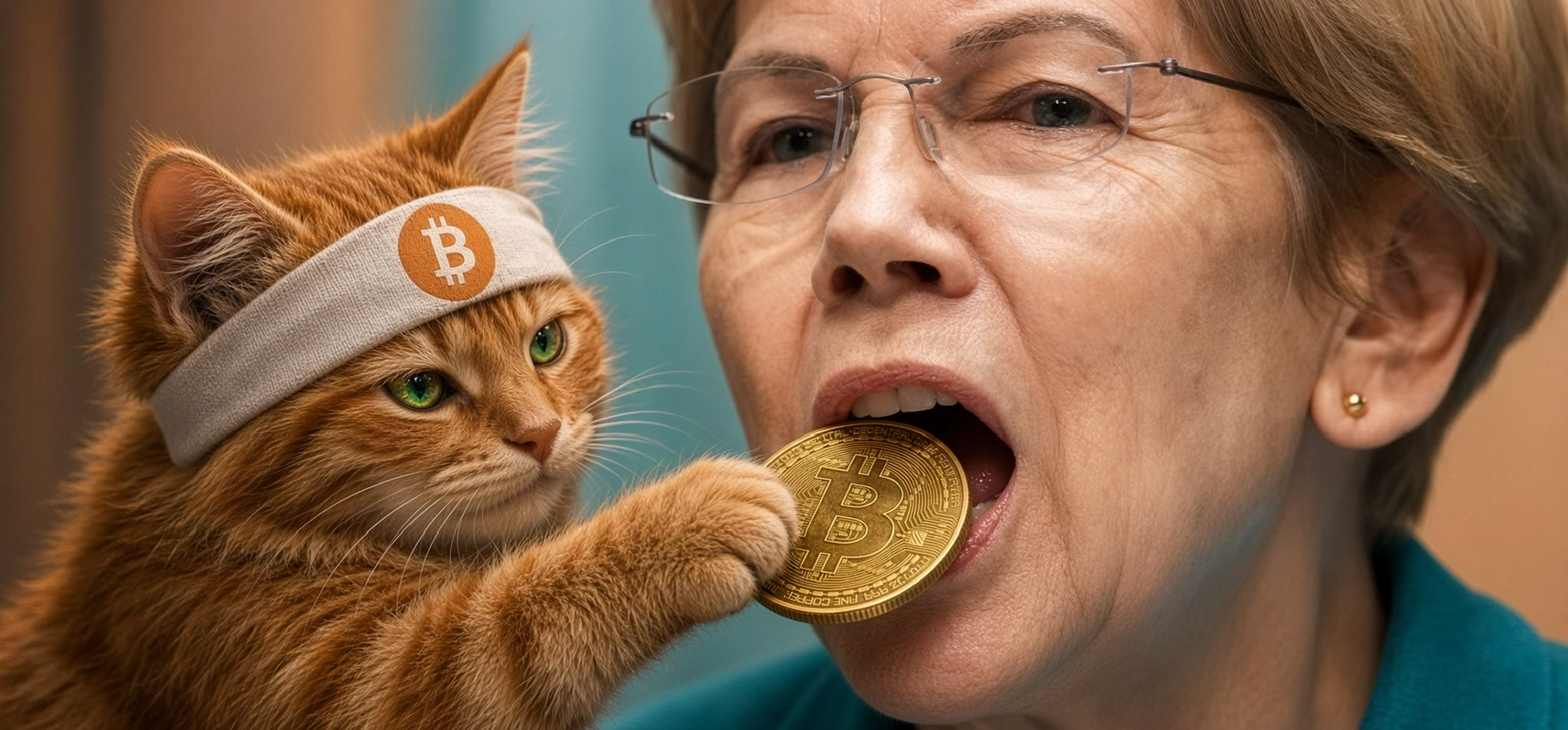 Buy The Cat meme — headband cat feeding a Bitcoin coin to a senator