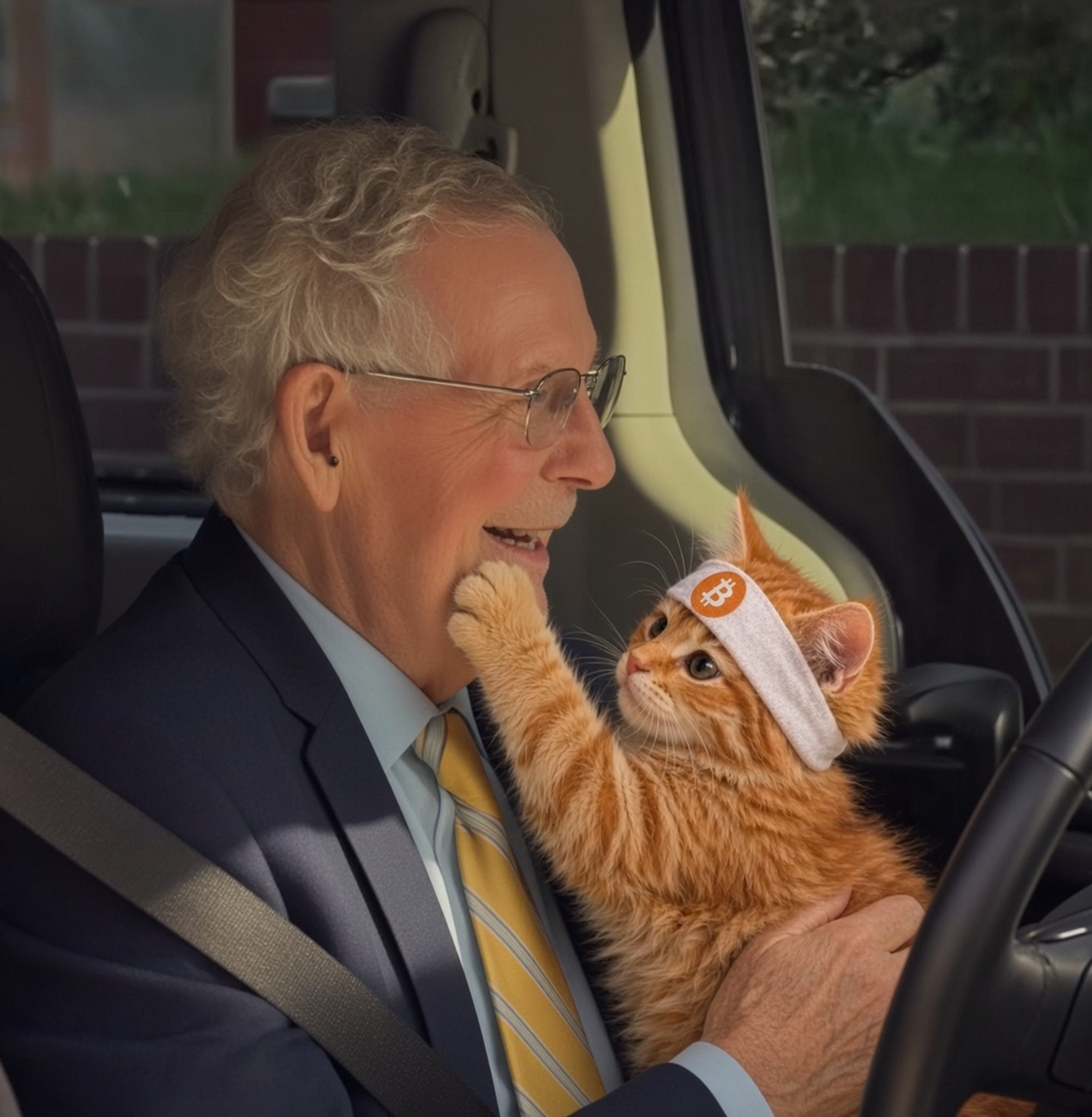 Buy The Cat meme — headband kitten riding shotgun with a senator