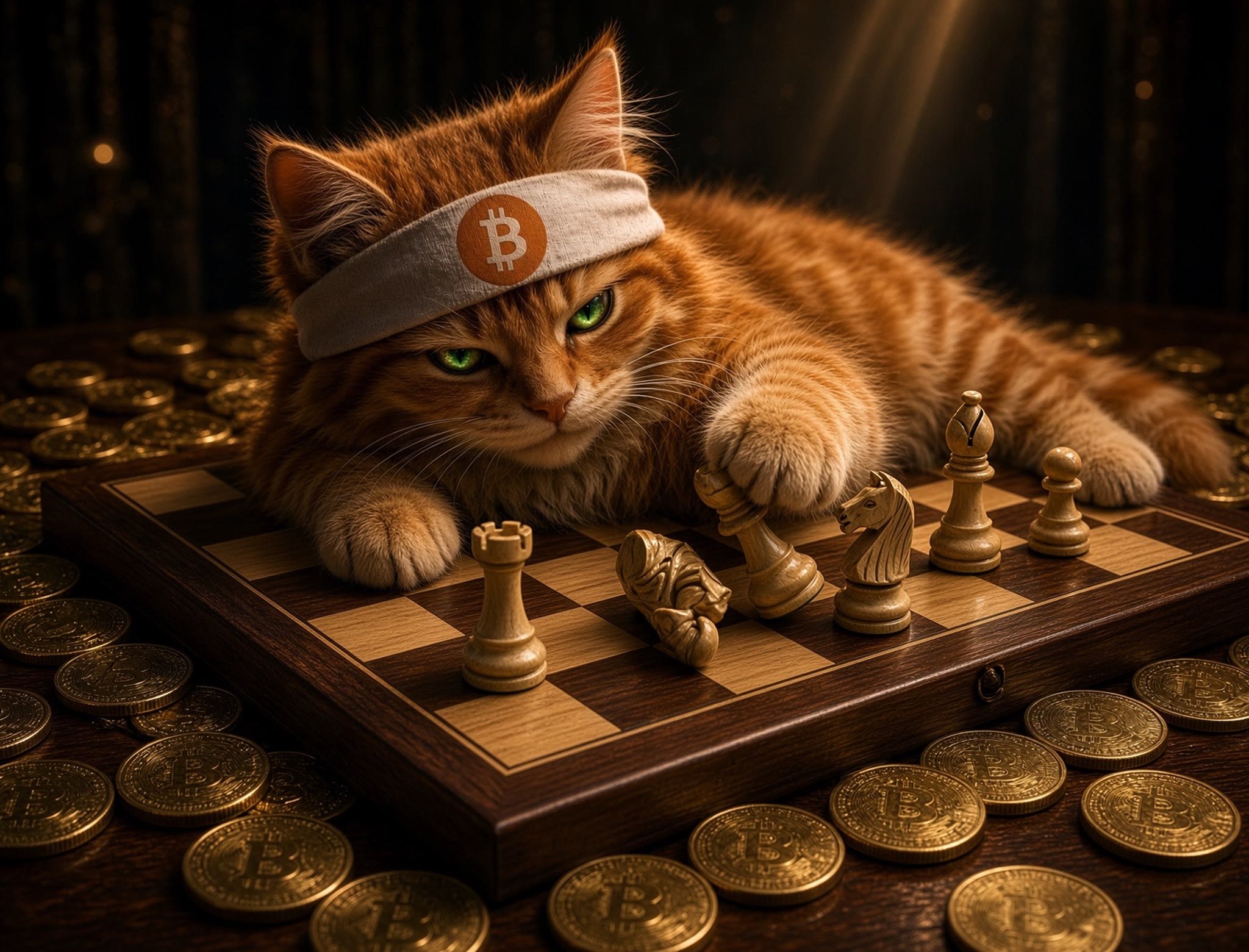 Buy The Cat meme — headband cat playing chess among gold coins