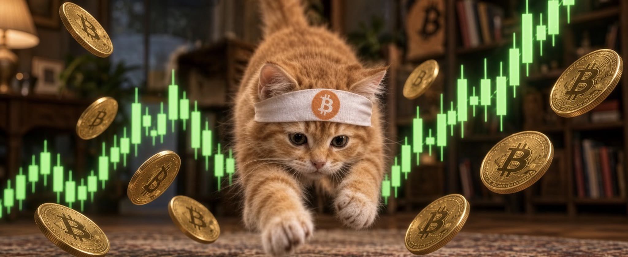 Buy The Cat meme — headband kitten chasing a green candle rally