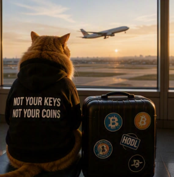 Buy The Cat meme — Not Your Keys Not Your Coins hoodie cat with a sticker-covered suitcase watching a plane take off at sunset
