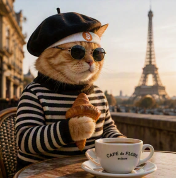Buy The Cat meme — beret cat in sunglasses with a croissant and espresso at a Paris café near the Eiffel Tower
