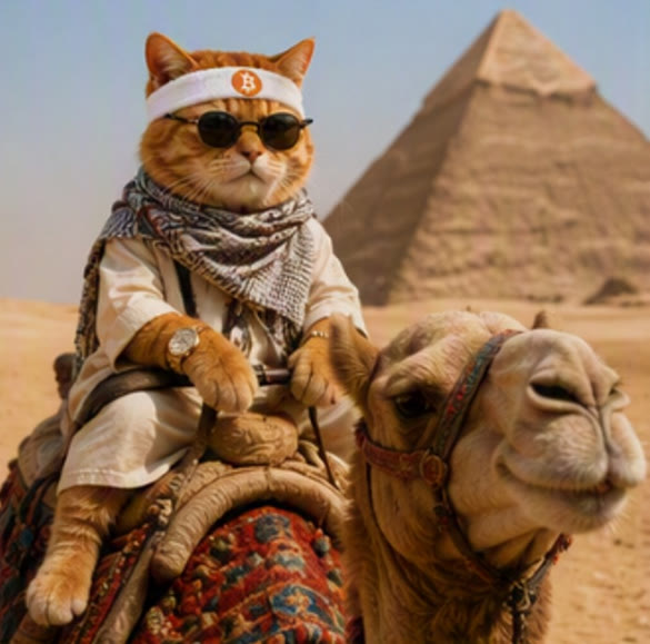 Buy The Cat meme — keffiyeh cat in sunglasses riding a camel by the Pyramids of Giza