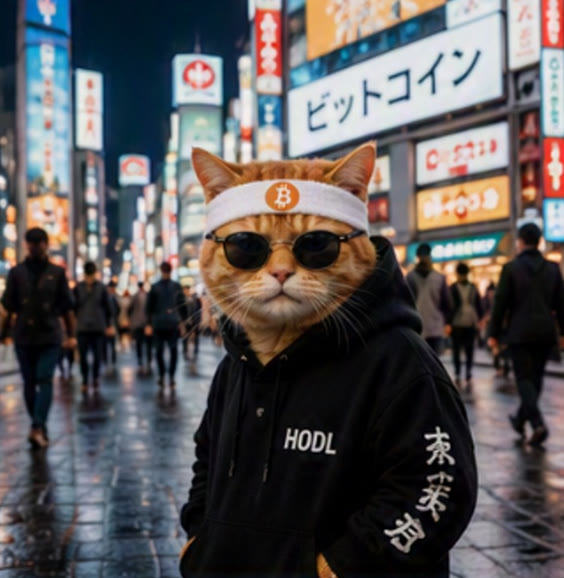 Buy The Cat meme — HODL hoodie cat on a neon Tokyo street beneath a Bitcoin sign