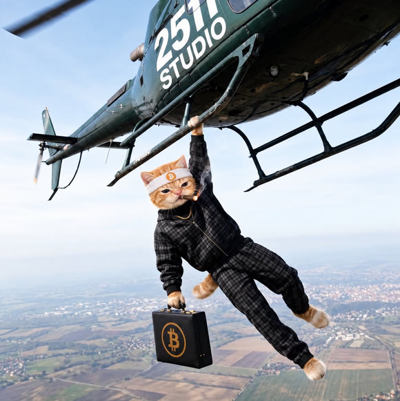 Buy The Cat meme — cat hanging from a helicopter with a Bitcoin briefcase