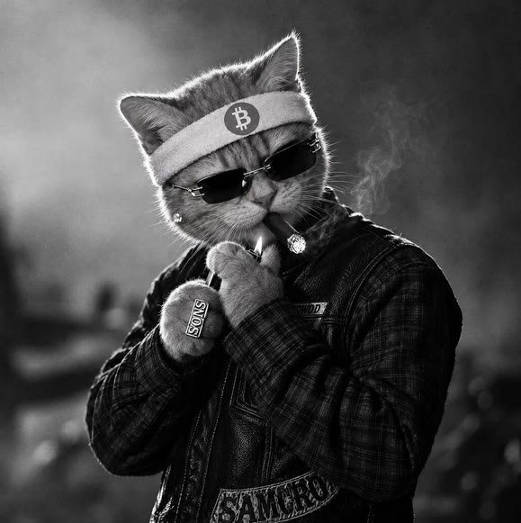 Buy The Cat meme — biker cat lighting a cigarette