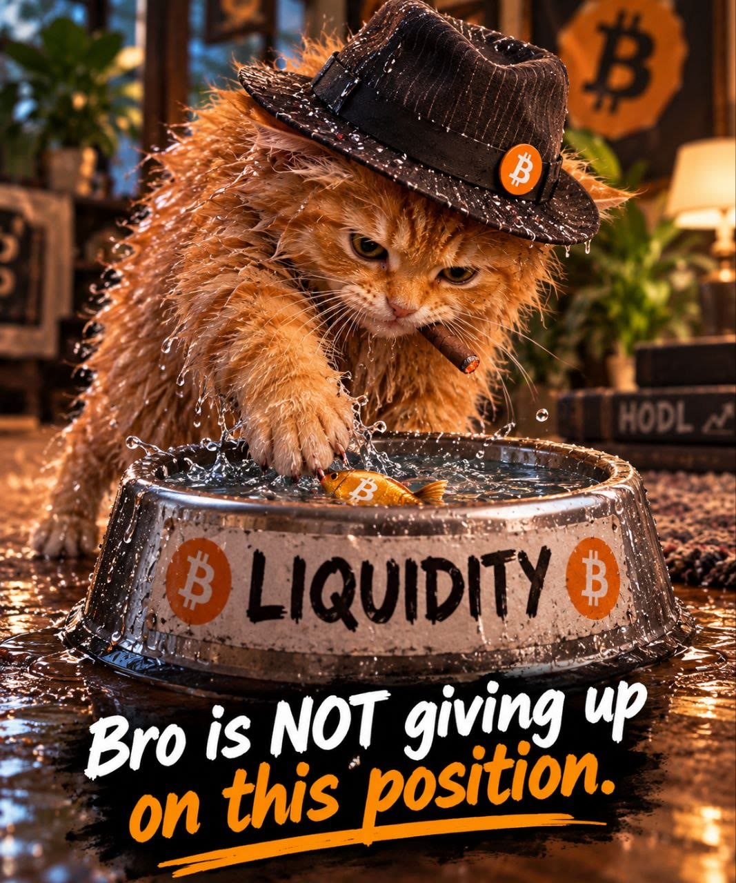Buy The Cat meme — Bro is NOT giving up on this position — cat guarding a Liquidity bowl