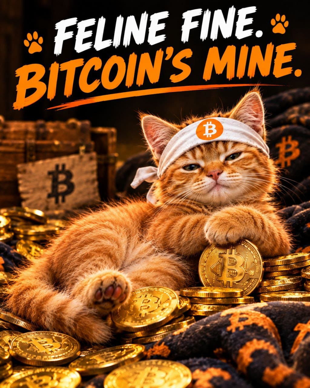 Buy The Cat meme — Feline Fine, Bitcoin's Mine — kitten reclining on gold coins