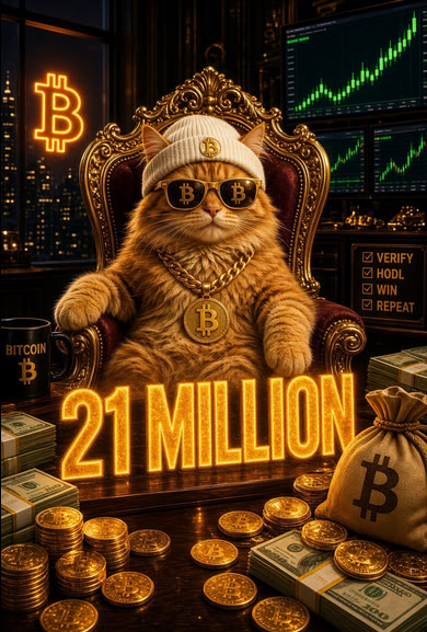 Buy The Cat meme — 21 Million — verify hodl win repeat cat on throne