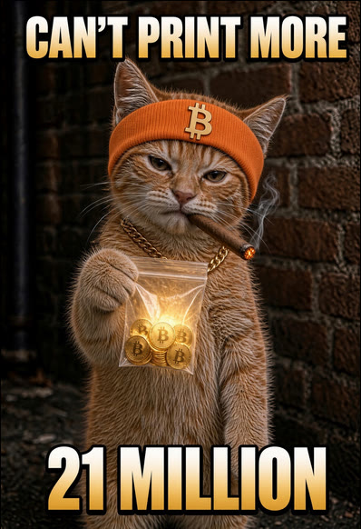 Buy The Cat meme — Can't Print More 21 Million — alley cat with a bag of Bitcoin