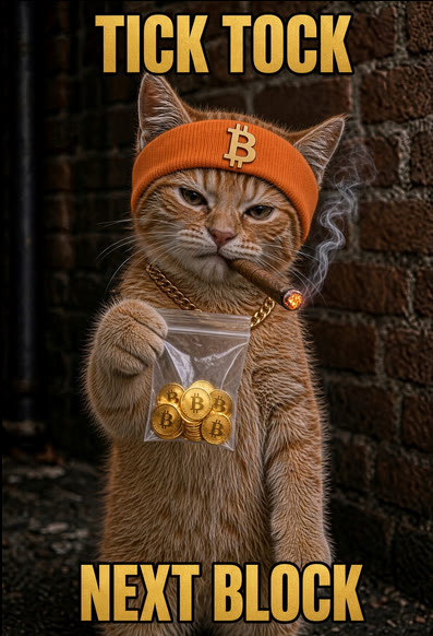Buy The Cat meme — Tick Tock Next Block — alley cat with a bag of Bitcoin