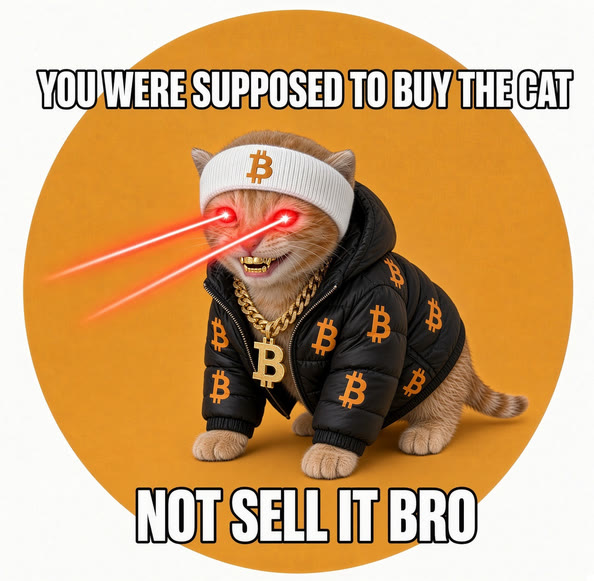 Buy The Cat meme — You Were Supposed To Buy The Cat Not Sell It Bro — laser-eyes puffer jacket cat