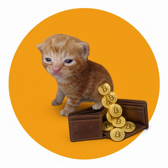 Buy The Cat meme — kitten with a wallet spilling Bitcoin coins