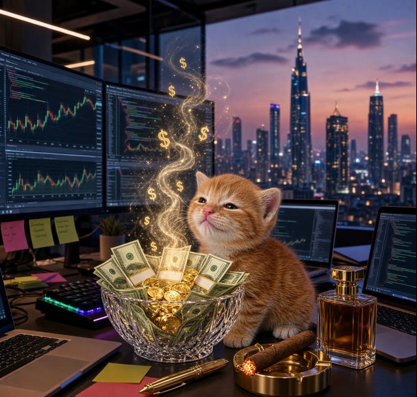 Buy The Cat meme — kitten at a trading desk with a bowl of cash and coins