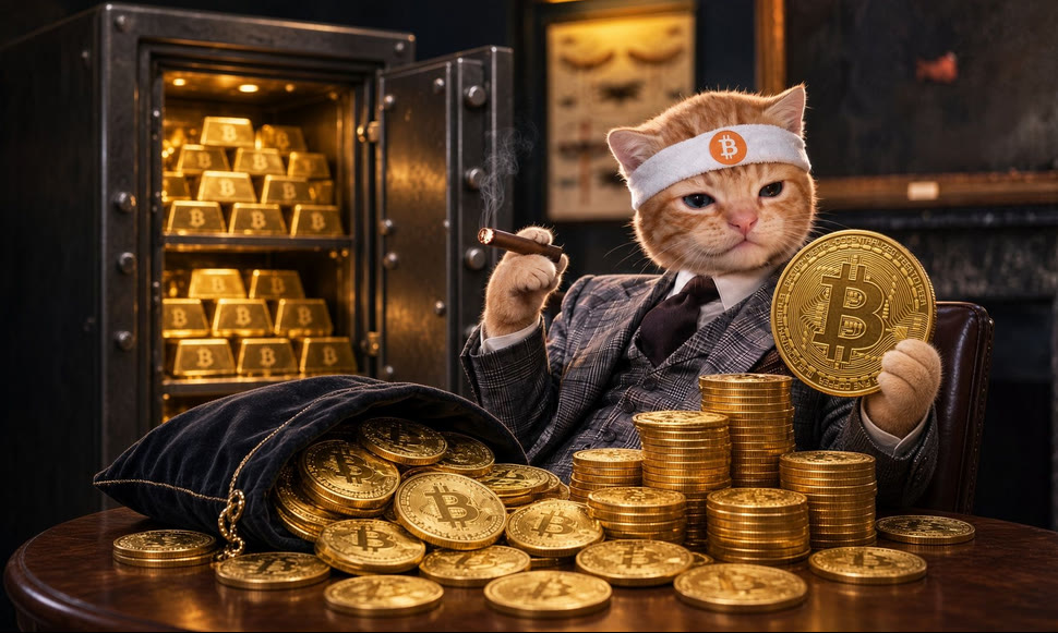 Buy The Cat meme — cigar cat with a Bitcoin coin beside a gold vault